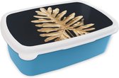Broodtrommel Blauw - Lunchbox - Brooddoos - Bladeren - Herfst - Goud - Zwart - Natuur - Luxe - 18x12x6 cm - Kinderen - Jongen