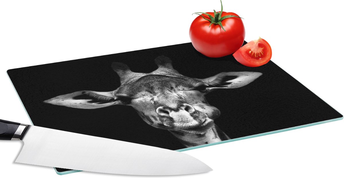 Glazen Snijplank - 28x20 - Giraffe - Portret - Dieren - Zwart - Wit - Snijplanken Glas
