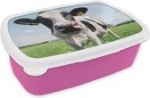 Broodtrommel Roze - Lunchbox - Brooddoos - Koe - Weiland - Natuur - Dieren - Gras - 18x12x6 cm - Kinderen - Meisje