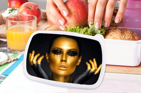 Lunch box Wit - Lunch box - Boîte à pain - Femme - Portrait - Or - Luxe - Zwart - 18x12x6 cm - Adultes
