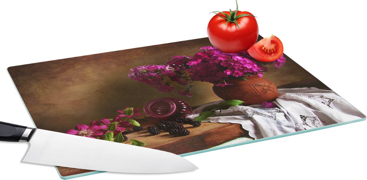 Glazen Snijplank - 39x28 - Rustiek - Bloemen - Roze - Vaas - Stilleven - Snijplanken Glas