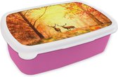 Broodtrommel Roze - Lunchbox - Brooddoos - Natuur - Olieverf - Hert - Dieren - Herfst - Oranje - 18x12x6 cm - Kinderen - Meisje