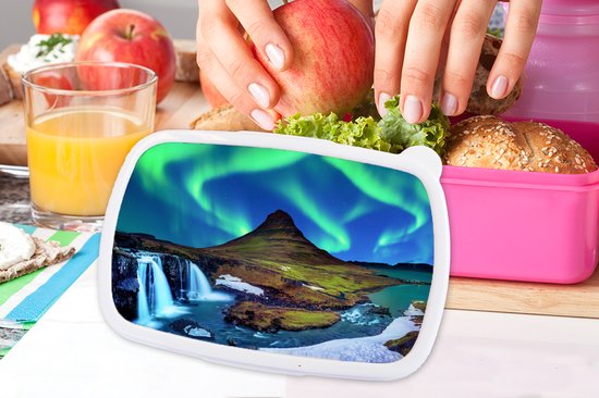 Lunch box Rose - Lunch box - Boîte à pain - Aurores boréales - Ciel étoilé - Islande - Berg - Vert - Cascade - Lac - 18x12x6 cm - Enfants - Fille