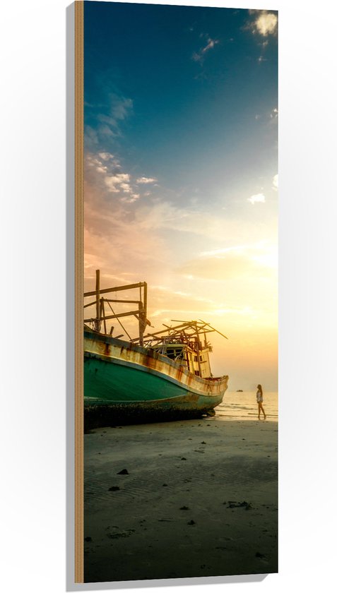 WallClassics - Hout - Oud Schip gestrand - 40x120 cm - 12 mm dik - Foto op Hout (Met Ophangsysteem)