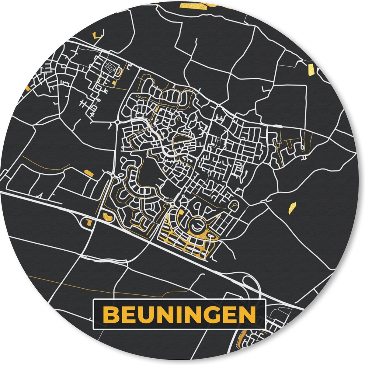 Muismat rond 40x40 cm - Mousepad Beuningen - Black and Gold - Kaart - Plattegrond - Stadskaart - Ronde muismatten - Stadskaart