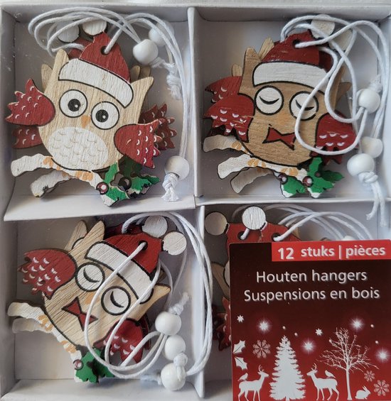 12 Houten kerstboomhangers uiltjes met rode kerstmuts kersthangers