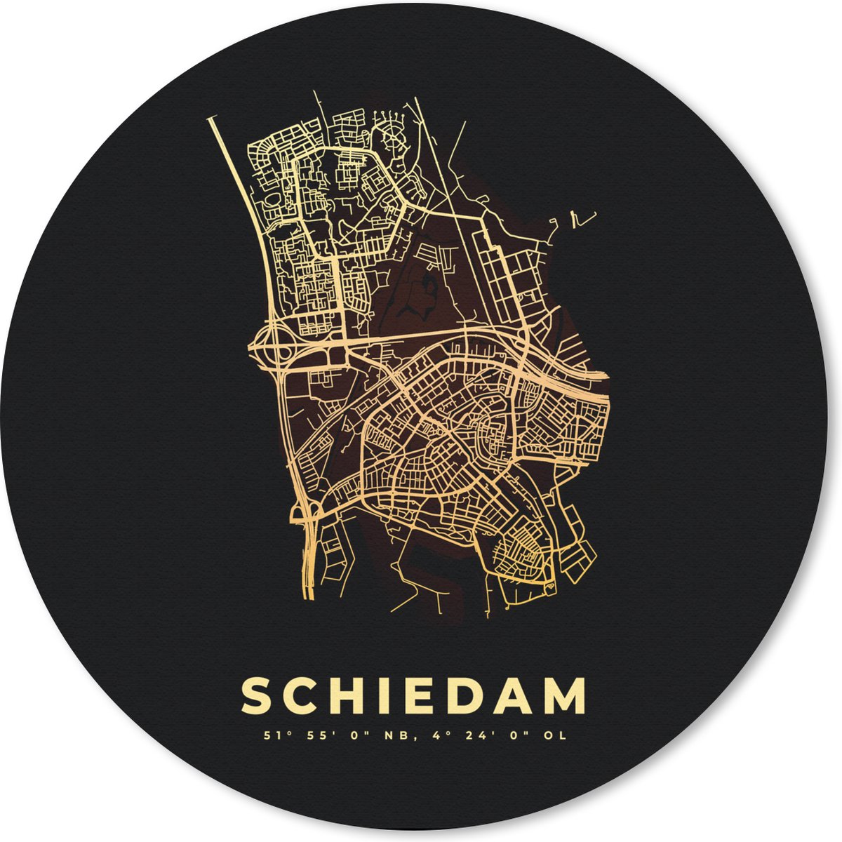 Muismat rond 40x40 cm - Mousepad Schiedam - Goud - Kaart - Stadskaart - Plattegrond - Ronde muismatten - Stadskaart
