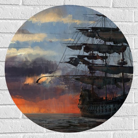 WallClassics - Muursticker Cirkel - Groot Piratenschip op Zee met Zon - 70x70 cm Foto op Muursticker