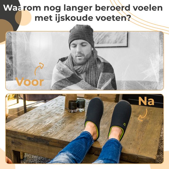 Voor- en na-afbeelding: man met koude voeten tegenover man met warme voeten in zwarte pantoffels zittend aan een tafel.