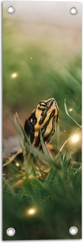 WallClassics - Tuinposter – Zwart met Gele Slang tussen het Groene Gras - 20x60 cm Foto op Tuinposter  (wanddecoratie voor buiten en binnen)