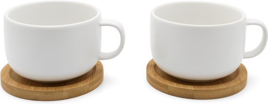 Bredemeijer - Tasse à thé Umea avec dessous de verre en bambou - Set de deux pièces - blanc