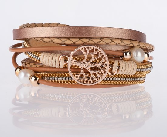 Bracelet dames en or rose 18,5 cm - Bracelet en cuir design Galeara Rose coloré avec des nuances de sable Ladies Tree of Life Galeara design