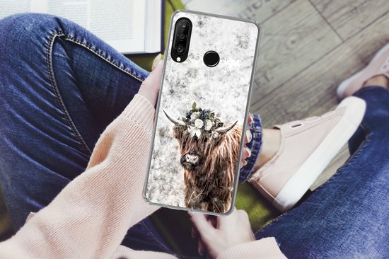 Coque Huawei P30 Lite - Highlander écossais - Imprimé marbré - Fleurs - Coque en Siliconen téléphone -
