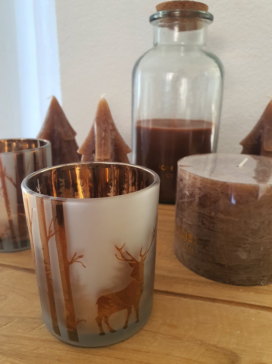 Kerstpakket Siennabruin - Home Society - Jar candle/ 2 windlichtjes/ 3 kerstboomkaarsen/ brede dinercandle