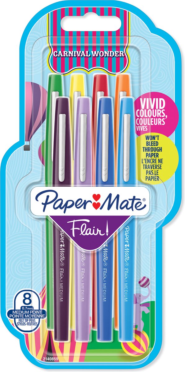 Paper Mate Flair-viltstiften | Medium punt (0,7 mm) | Diverse Carnaval-kleuren | 8 stuks