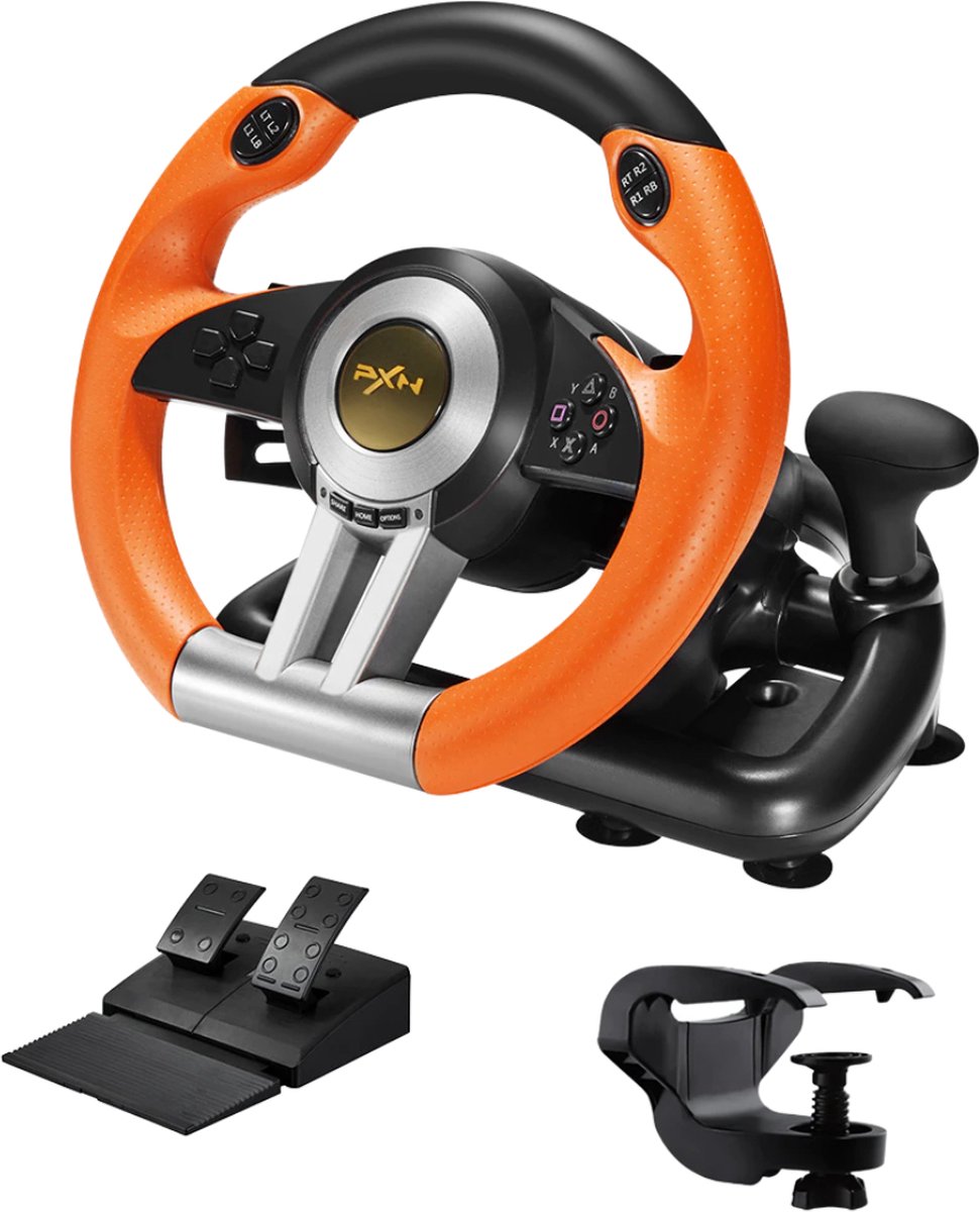 PNX V3 Pro Race Stuur - Dual Force Feedback - Driving Force Racing Wheel - Game Stuur geschikt voor PS4, Xbox One, Xbox Series, Nintendo Switch & PC - Oranje
