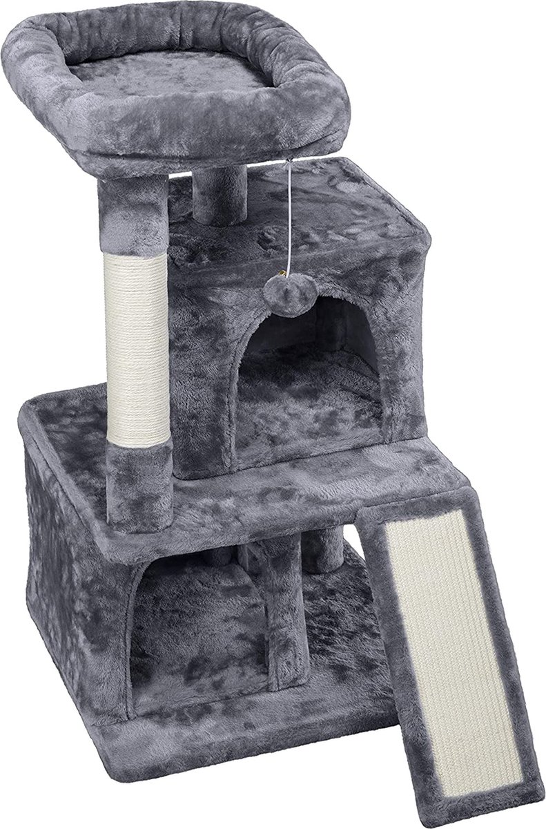 Krabpaal stabiele kattenboom 91 cm kattenkrabpaal met 2 huisjes sisal knuffelige en speelbal, speelboom voor katten, donkergrijs HM-YAHEE-591853