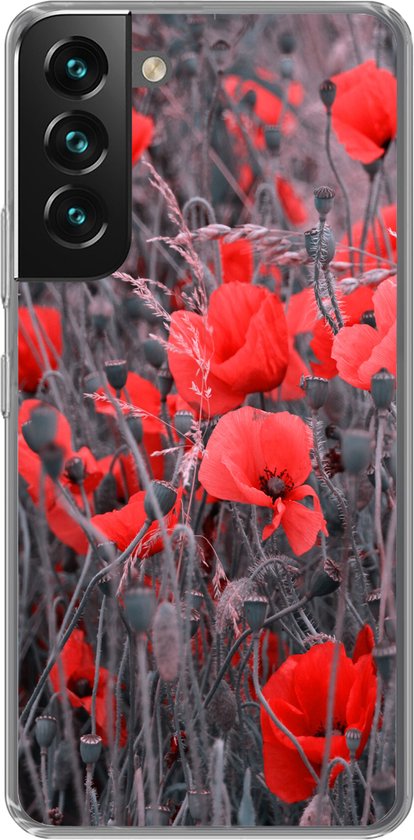 Coque Samsung Galaxy S22 Plus - Coquelicots rouges dans une image en noir et blanc - Coque en Siliconen pour téléphone
