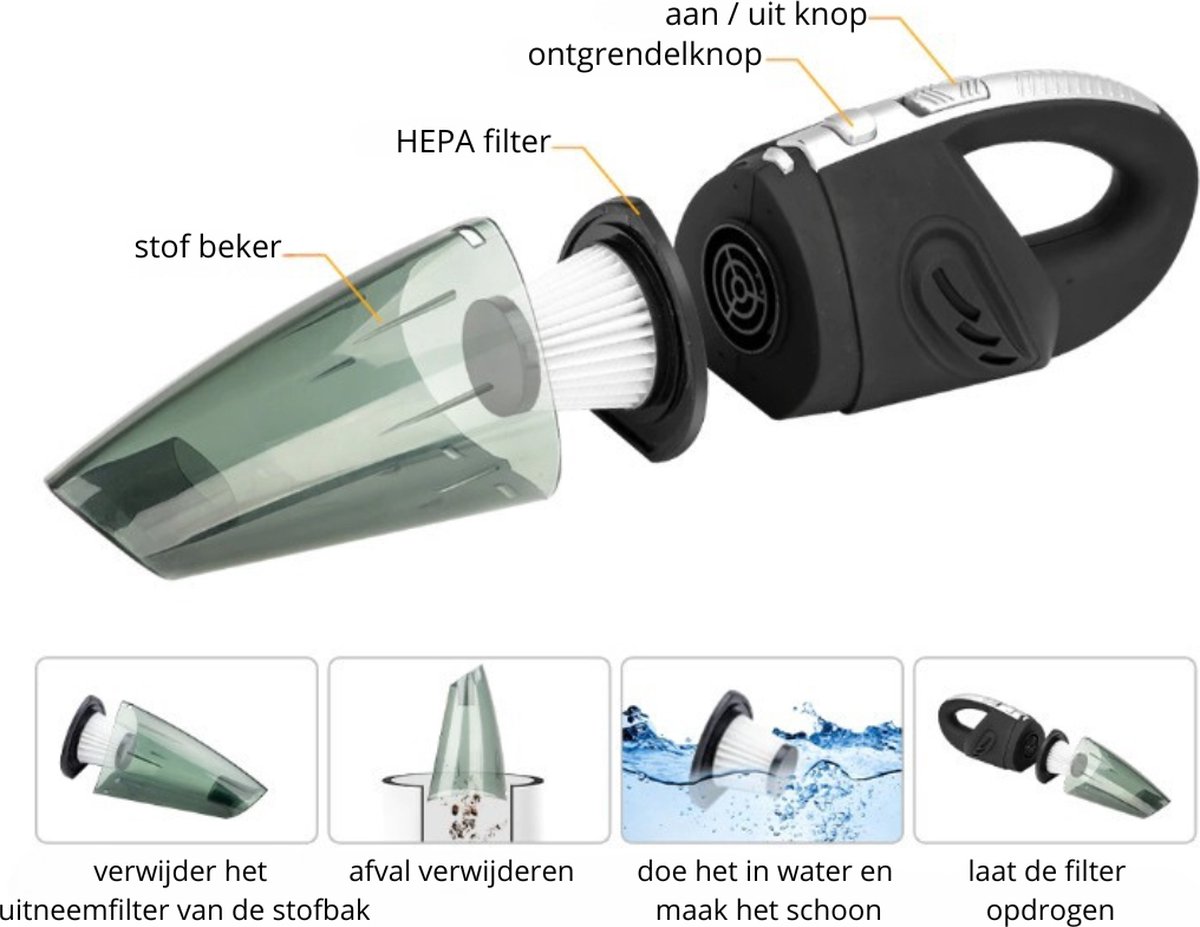 Vitasy Vitasy® Pro Kruimeldief Snoerloos – Auto Stofzuiger Handstofzuiger 5 Opzetstukken En Hepa Filter Usb Oplaadbaar Zwart
