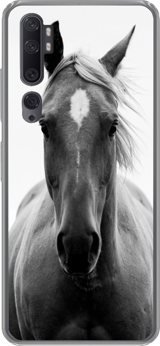 Telefoonhoesje Geschikt voor Xiaomi Mi Note 10 hoesje - Paard - Zwart - Wit - Portret - Siliconen Telefoonhoesje Telefoonhoesje