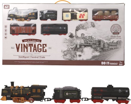 Foto: Vintage treinset met licht en geluid 21 delig zwart rood