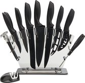 KitchenBrothers Ensemble de couteaux avec bloc - 17 pièces - Couteaux de cuisine de cuisine avec couteau de chef - Aiguiseur de couteaux et ciseaux de cuisine - Manteau antiadhésif - Zwart