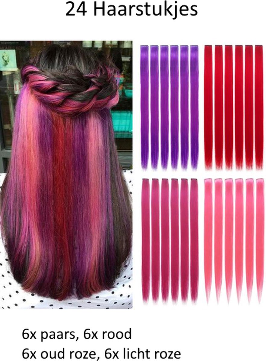 FISKA - 24X Hairextension Mix Kleur Roze/Rood - Clip In Haar - Haar Extension - Nephaar - Kunsthaar - Carnaval - Verkleden