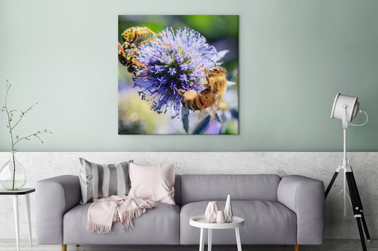 Tableau sur toile Trois abeilles sur chardon balle - 90x90 cm - Décoration murale