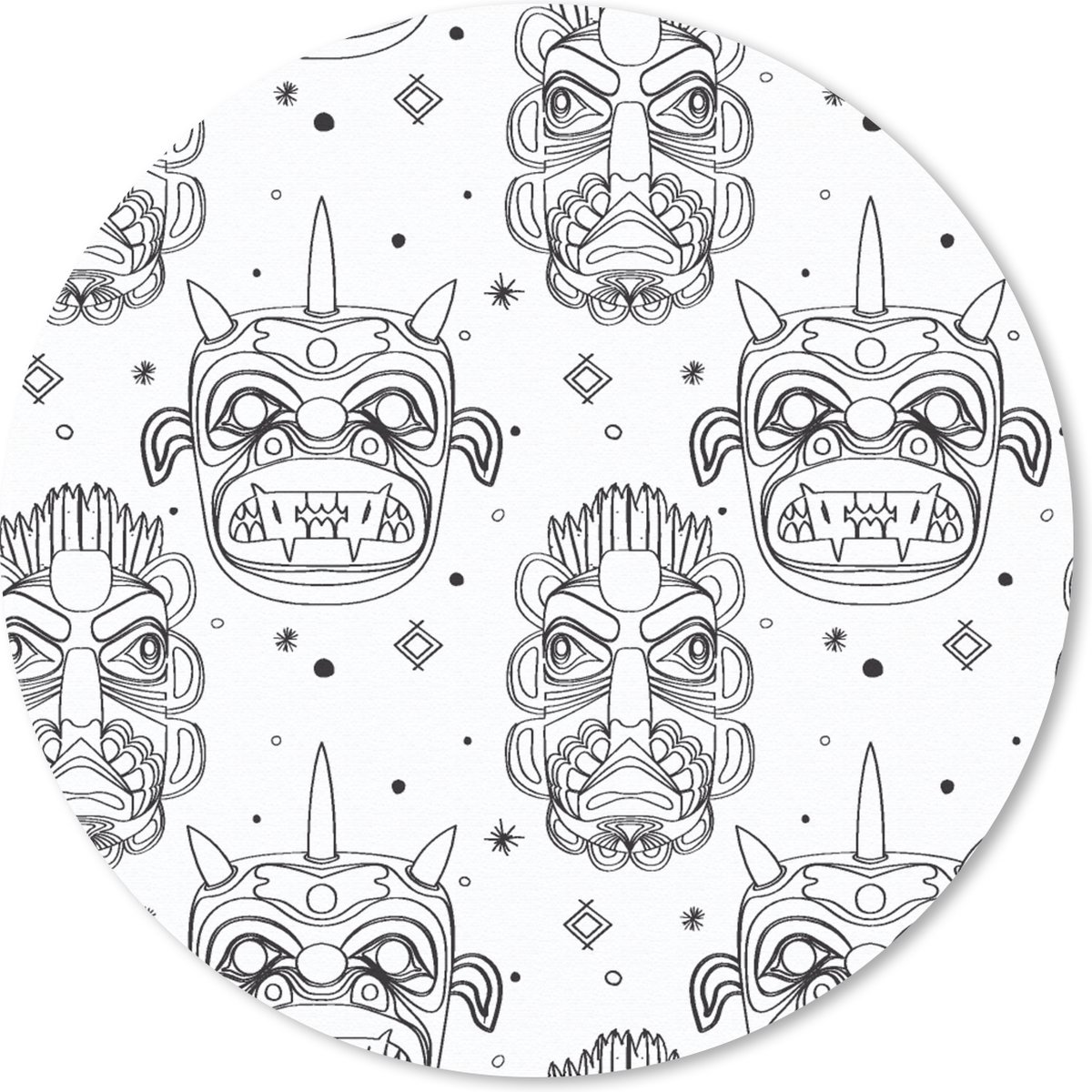 Muismat rond 30x30 cm - Mousepad Maskers - Inca - Patroon - Zwart-Wit - Ronde muismatten