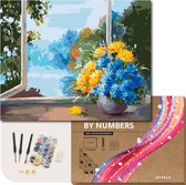 ARTECO® Schilderen Op Nummer – Painting By Numbers – Volwassenen + Kinderen – Met Frame – Venster met bloemen - Cadeau