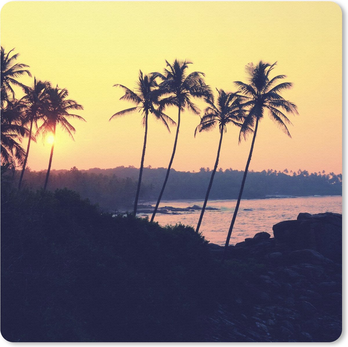 Muismat 20x20 cm - Mousepad Zee - Palmboom - Avond - Landschap - Muismatten