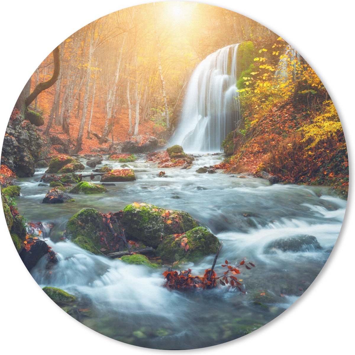 Muismat - Mousepad - Rond - Waterval - Zon - Herfst - 20x20 cm - Ronde muismat