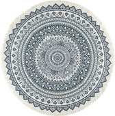QUVIO Vloerkleed - Tapijt - Vloerbekleding - Bohemian - Mandala - Rond - Met franjes - Voor binnen - Gebroken wit - Antraciet - Grijsblauw - 95 cm