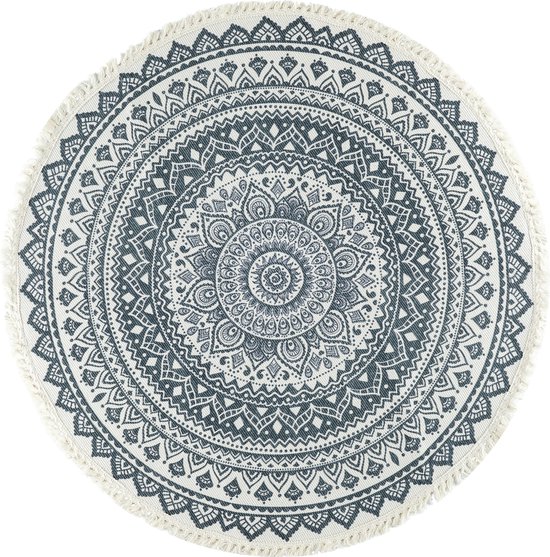 QUVIO Vloerkleed - Tapijt - Vloerbekleding - Bohemian - Mandala - Rond - Met franjes - Voor binnen - Gebroken wit - Antraciet - Grijsblauw - 95 cm