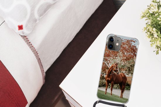 Coque avec cordon iPhone 12 - Cheval - Arbre - Licou - Siliconen - Bandoulière - Coque arrière avec cordon - Coque téléphone avec cordon - Coque avec cordon