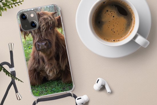 Coque avec cordon iPhone 13 Mini - Highlander écossais - Crapaud - Animaux - Siliconen - Bandoulière - Coque arrière avec cordon - Coque pour téléphone avec cordon - Coque avec corde