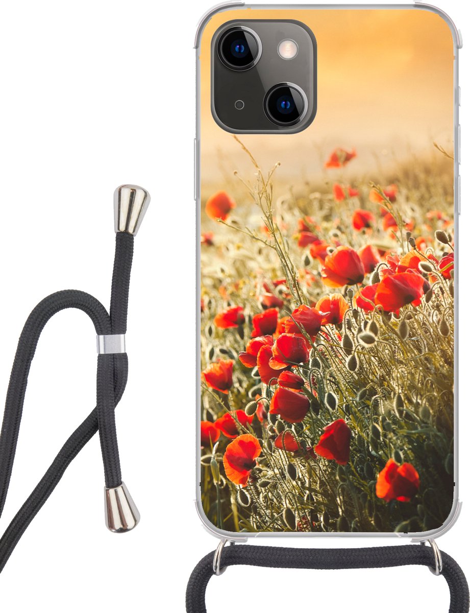 Telefoonhoesje Geschikt voor iPhone 13 Mini - Zonnestralen over een bos Klaprozen - Siliconen - Crossbody - Backcover met Koord - Telefoonhoesje met koord - Hoesje met touw Telefoonhoesje
