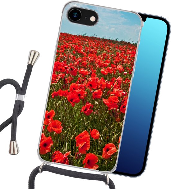 Coque avec cordon iPhone 7 - Une prairie pleine de coquelicots - Siliconen - Bandoulière - Coque arrière avec cordon - Coque pour téléphone avec cordon - Coque avec corde
