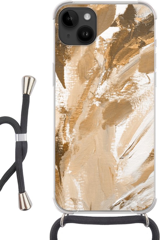 Apple iPhone 14 Plus - Étui à bandoulière - Peinture - Or - Beige - Siliconen - Bandoulière - Coque arrière avec cordon - Étui pour téléphone avec cordon - Étui avec corde