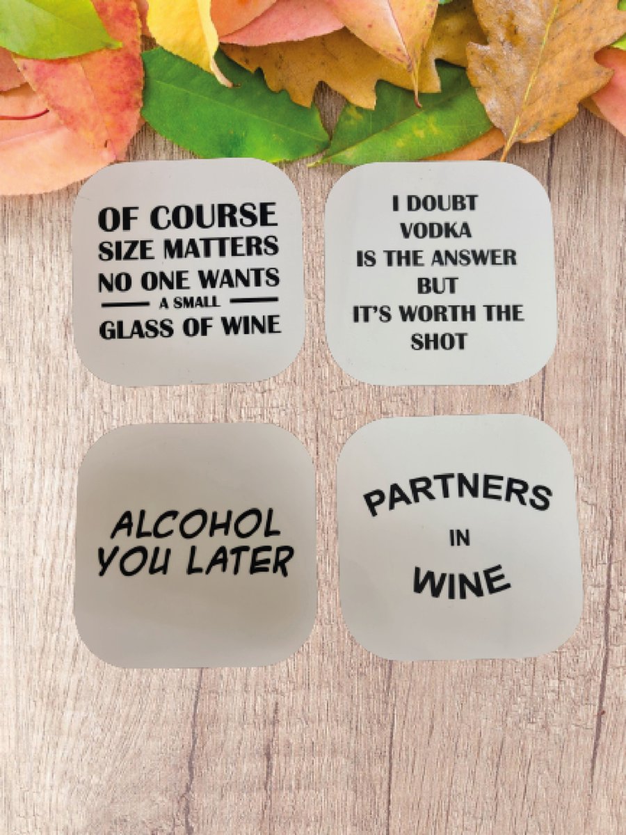 set van 4 onderzetters met leuke tekst - funny quotes - filtjes - cadeau