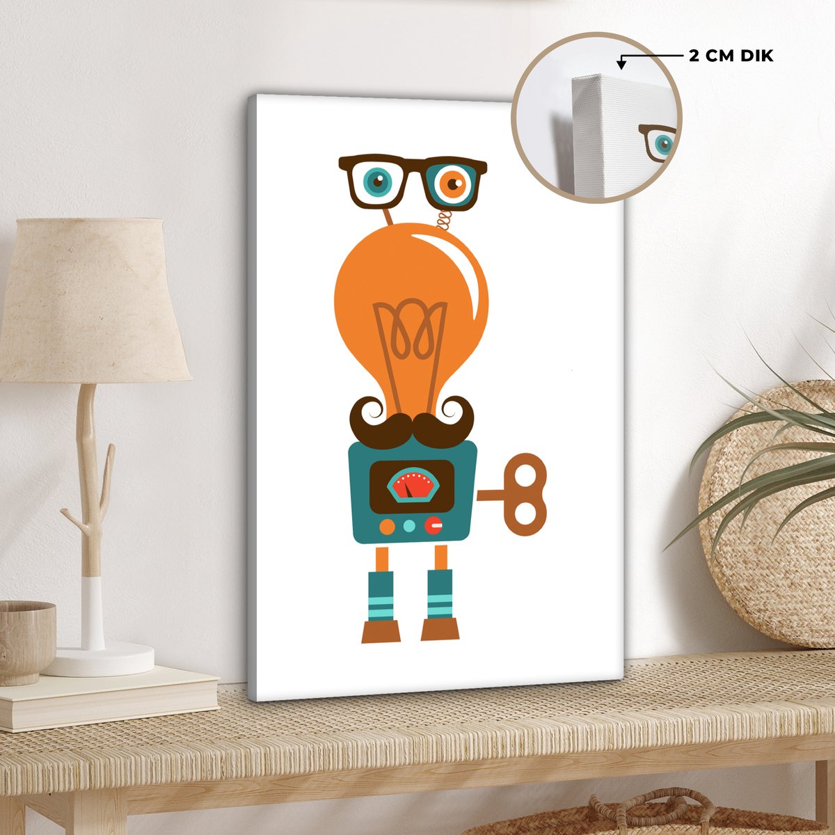 Canvas schilderij 20x30 cm - Wanddecoratie Robot - Bril - Gloeilamp - Snor - Kinderen - Jo