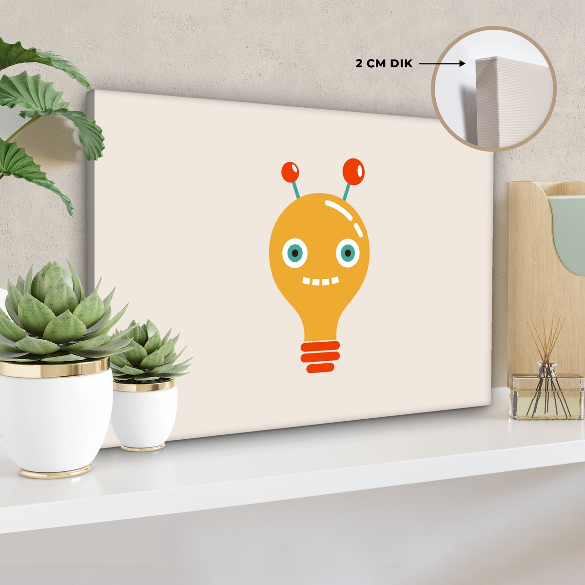Canvas schilderij 30x20 cm - Wanddecoratie Robot - Gloeilamp - Gezicht - Antenne - Kindere
