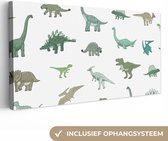 Canvasdoek kinderen - Wanddecoratie kinderkamers - Dino's - Patroon - Groen - Wit - Kinderen - Wanddecoratie jongens - Wanddecoratie meisjes - Canvas schilderij dino - 40x20 cm