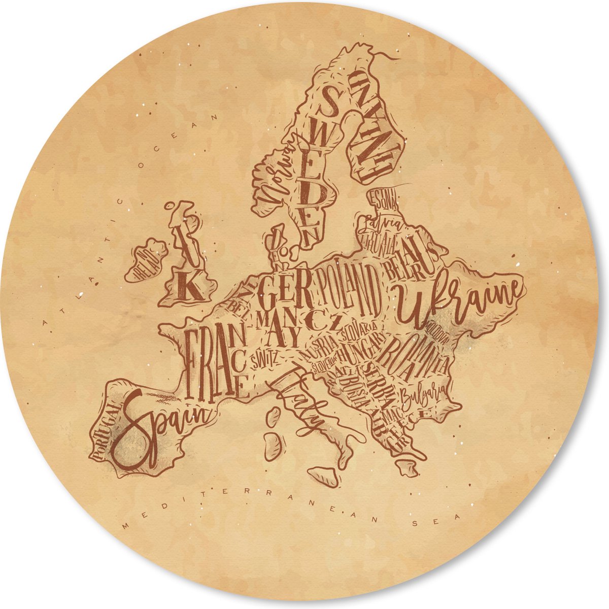 Muismat rond 30x30 cm - Mousepad Kaart - Europa - Vintage - Bruin - Ronde muismatten