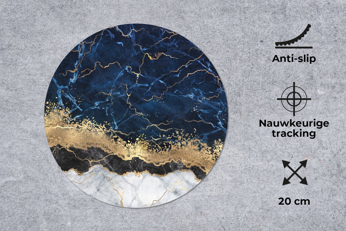Muismat rond 20x20 cm - Mousepad Marmer - Wit - Goud - Luxe - Ronde muismatten