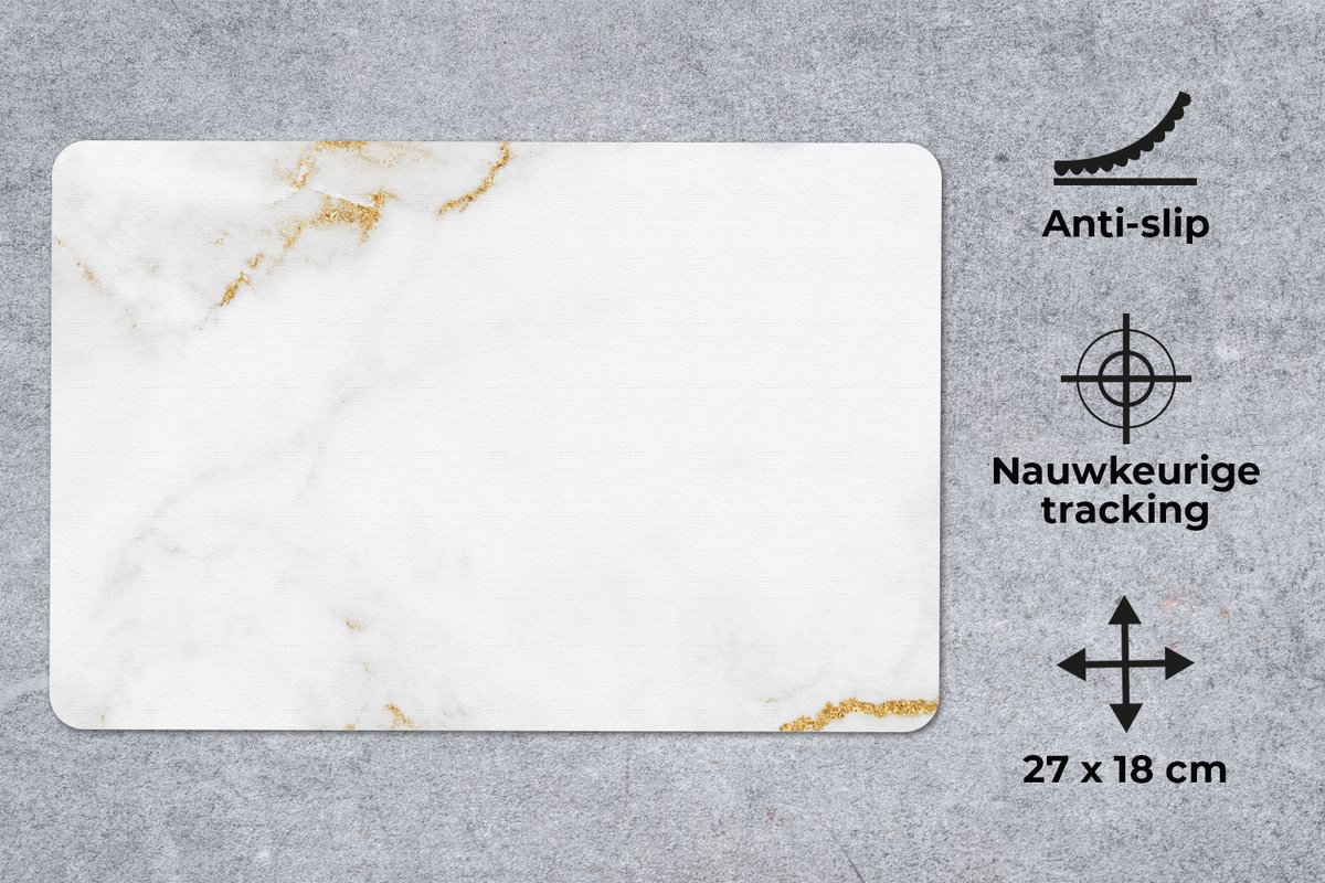 Muismat 27x18 cm - Mousepad Marmer - Goud - Wit - Luxe - Muismatten