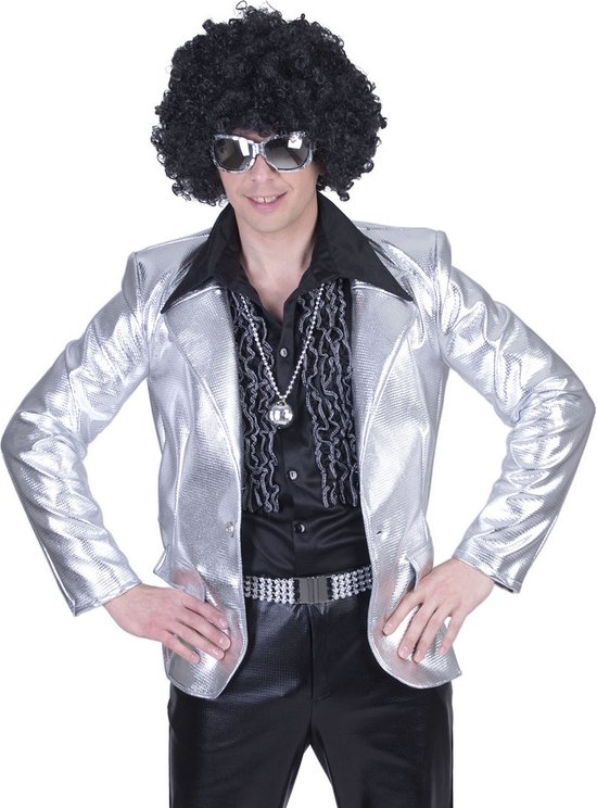 Funny Fashion - Glitter & Glamour Kostuum - Glanzend Zilver Disco Godheid Colbert Man - Zilver - Maat 56-58 - Carnavalskleding - Verkleedkleding