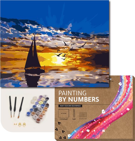 Foto: Arteco schilderen op nummer painting by numbers volwassenen kinderen met frame zeilboot op zee cadeau