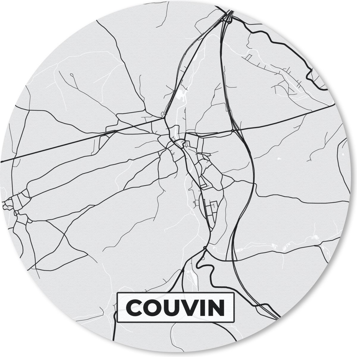 Muismat - Mousepad - Rond - Stadskaart – Plattegrond – België – Zwart Wit – Couvin – Kaart - 50x50 cm - Ronde muismat