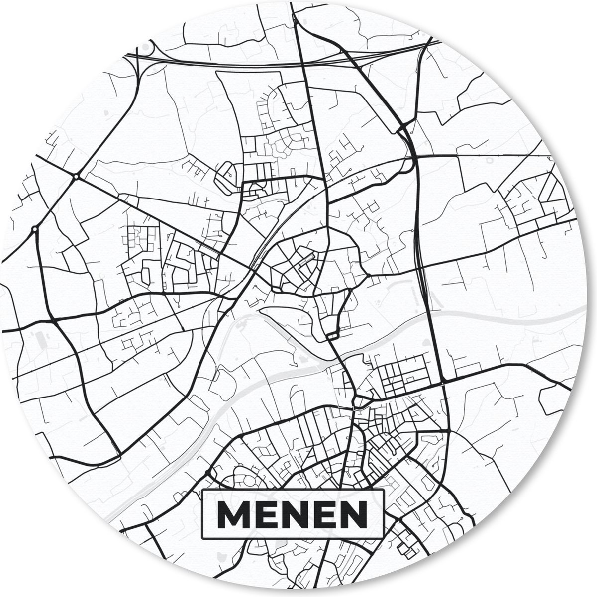 Muismat rond 30x30 cm - Mousepad Kaart – Plattegrond – Stadskaart – Menen – België – Zwart Wit - Ronde muismatten - Stadskaart